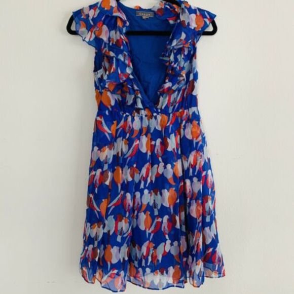 Gracia Blue Bird Print Silk Ruffle Neck Dress - Picture 2 of 5
